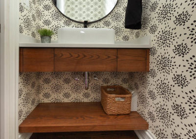 floating vanity oak floral wallpaper vessel sink black and white