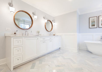 traditional master bathroom remodel clarendon hills illinois marble wainscoting white vanity